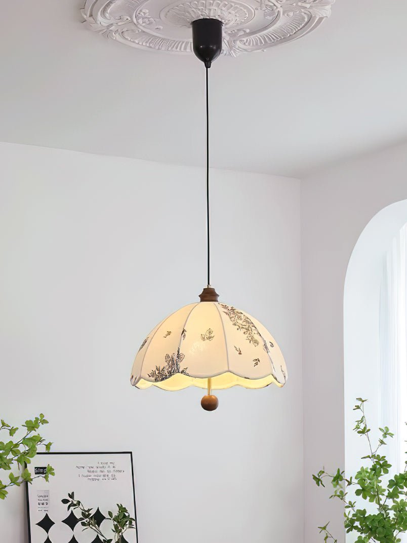 Elegant Scalloped Petal Fabric Pendant Light with Walnut Wood Accents and Soft Diffused Glow