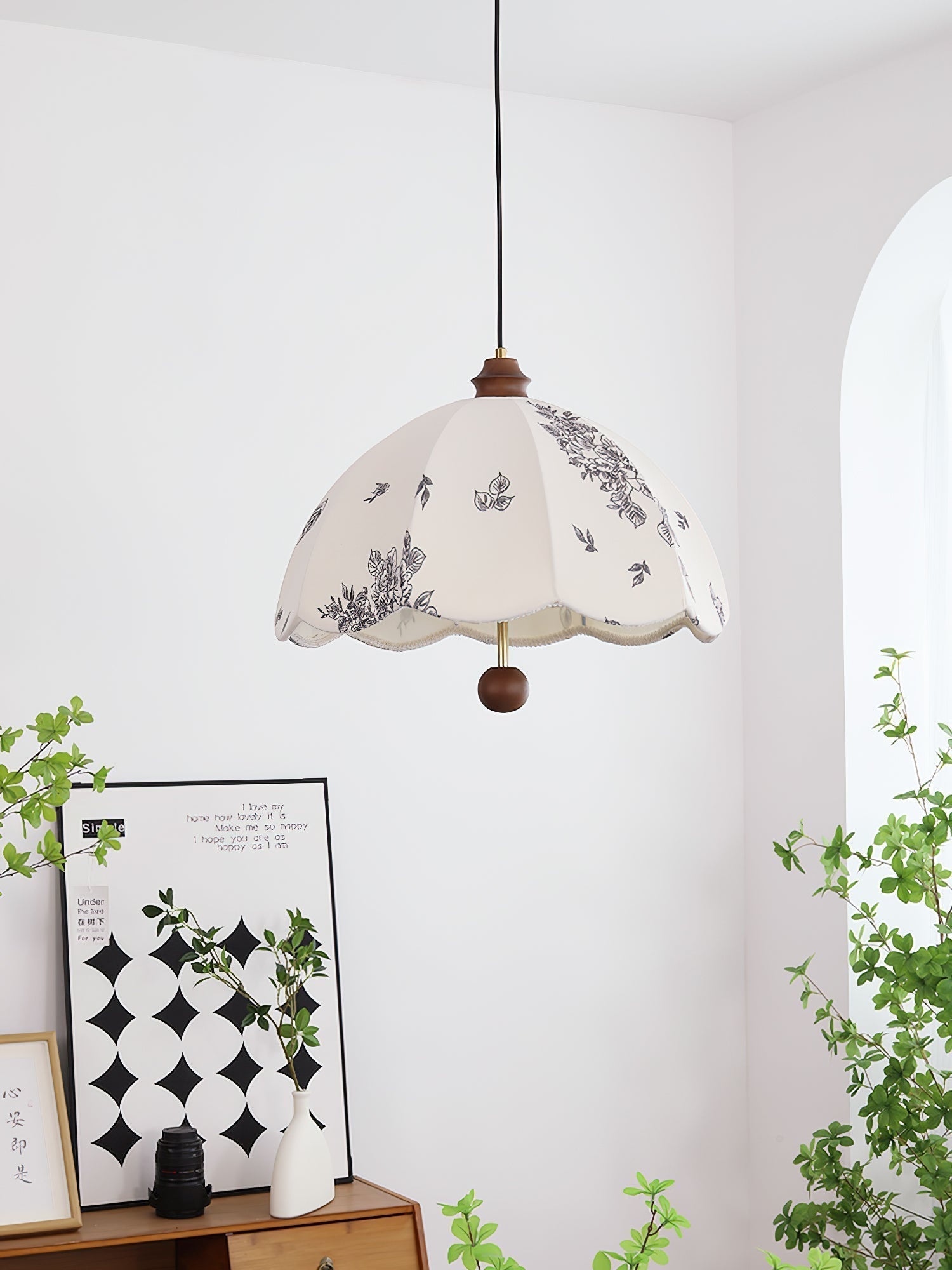Elegant Scalloped Petal Fabric Pendant Light with Walnut Wood Accents and Soft Diffused Glow