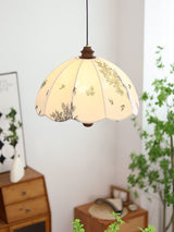 Elegant Scalloped Petal Fabric Pendant Light with Walnut Wood Accents and Soft Diffused Glow