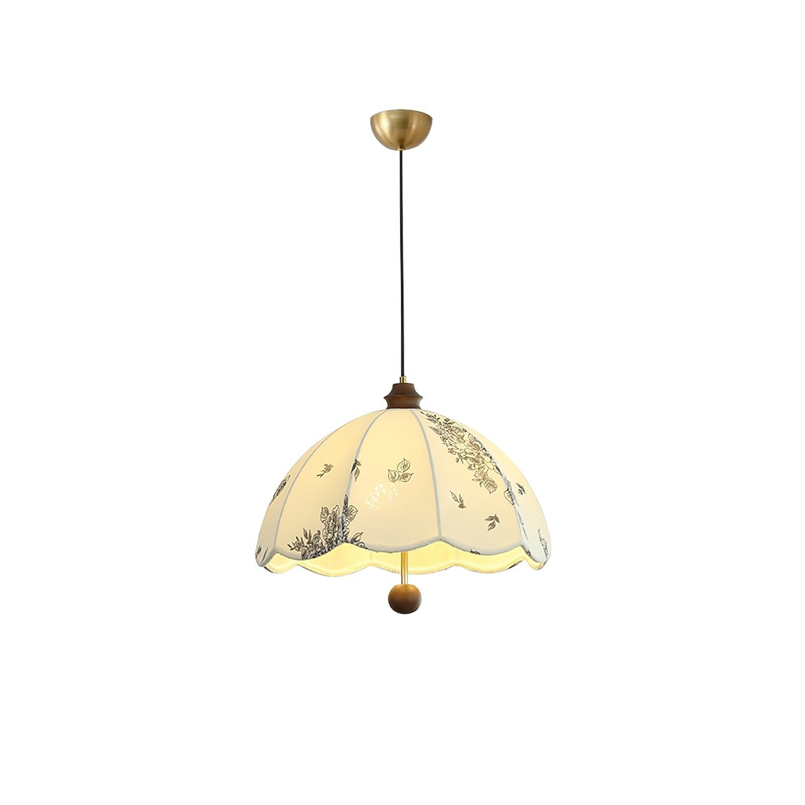 Elegant Scalloped Petal Fabric Pendant Light with Walnut Wood Accents and Soft Diffused Glow