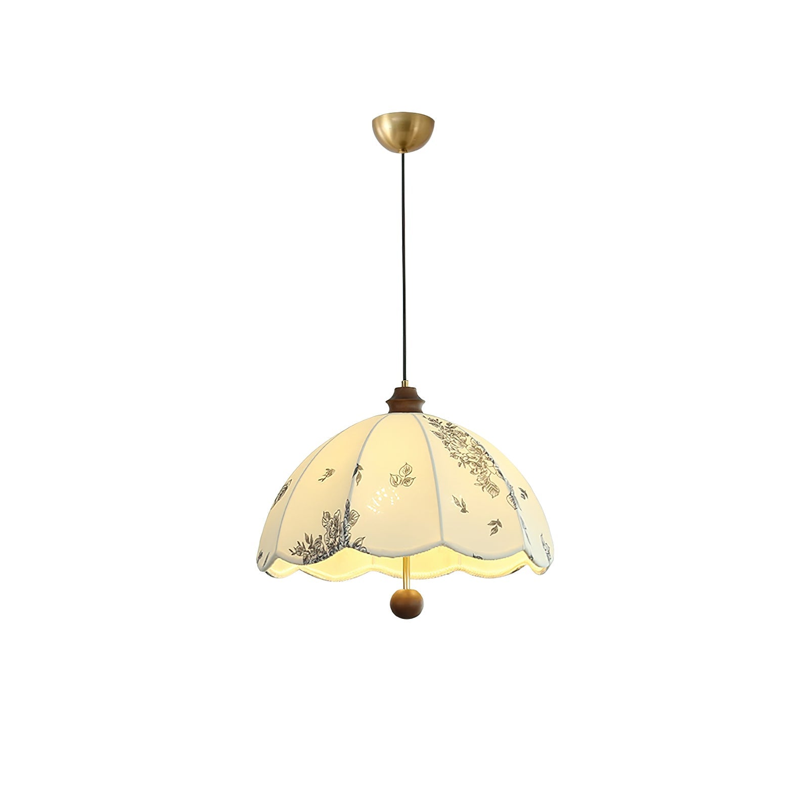 Elegant Scalloped Petal Fabric Pendant Light with Walnut Wood Accents and Soft Diffused Glow