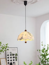 Elegant Scalloped Petal Fabric Pendant Light with Walnut Wood Accents and Soft Diffused Glow