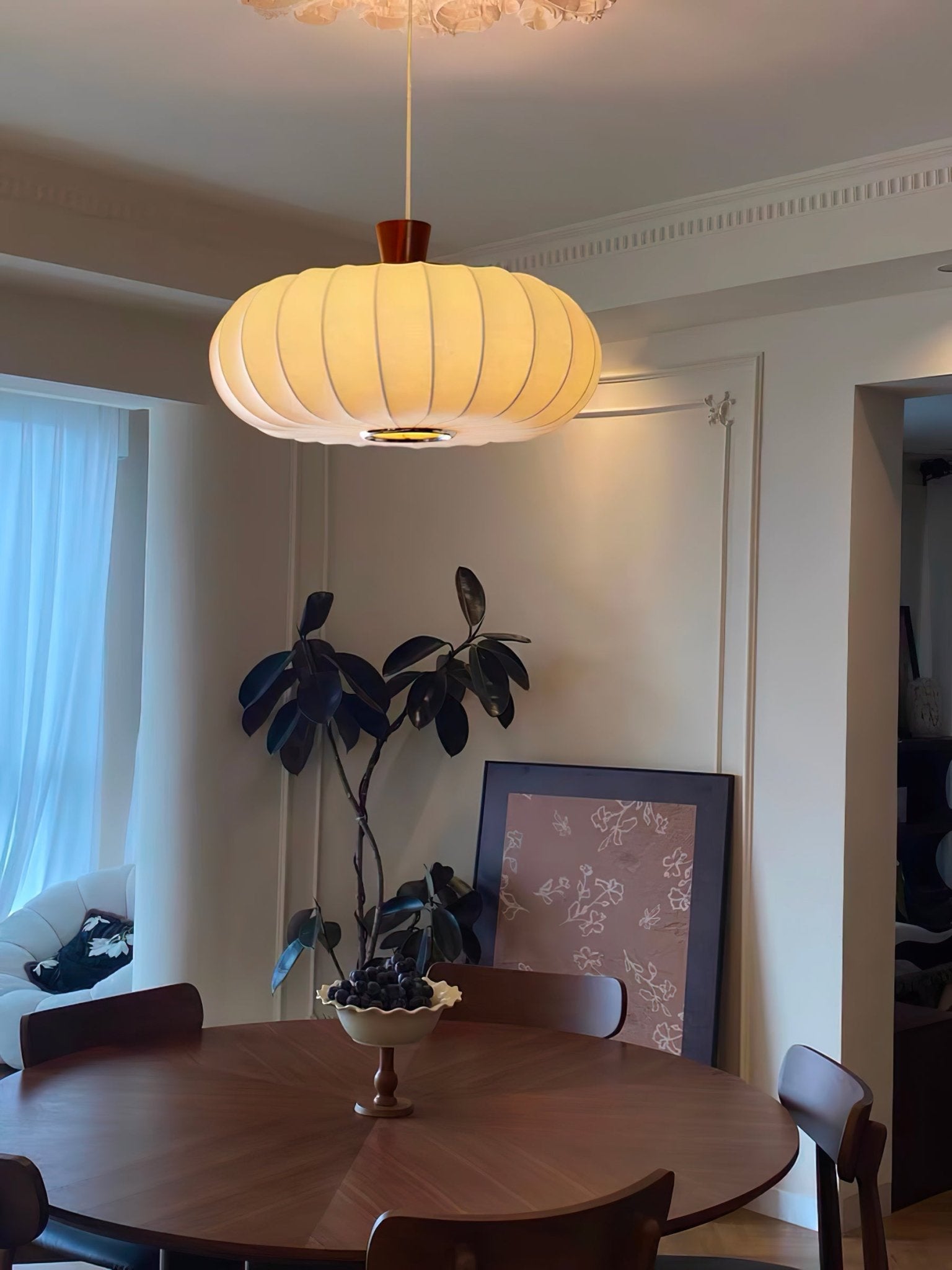 Elegant Silk Lantern Pendant Light with Walnut Wood Accents and White Fabric Shade
