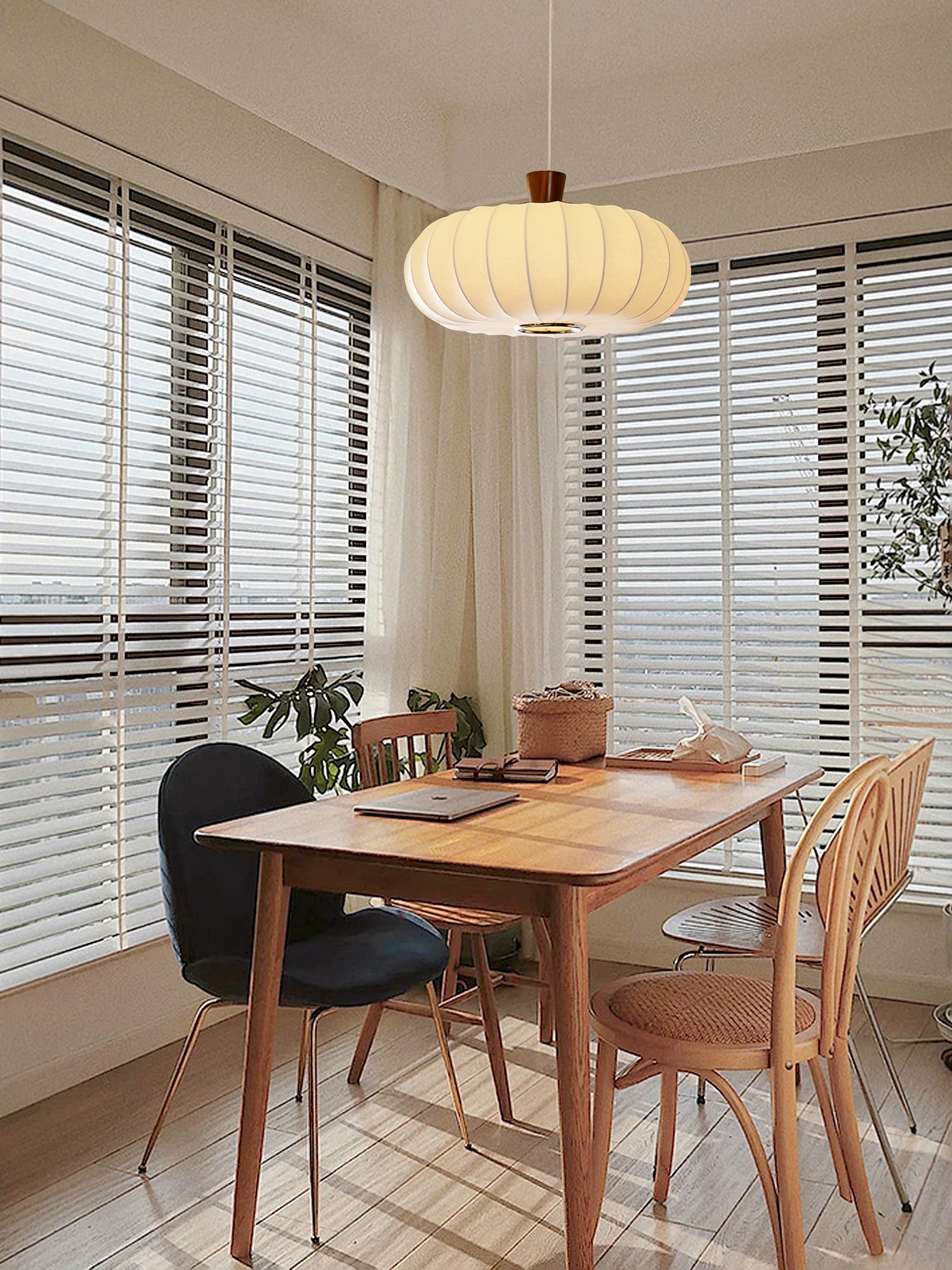 Elegant Silk Lantern Pendant Light with Walnut Wood Accents and White Fabric Shade