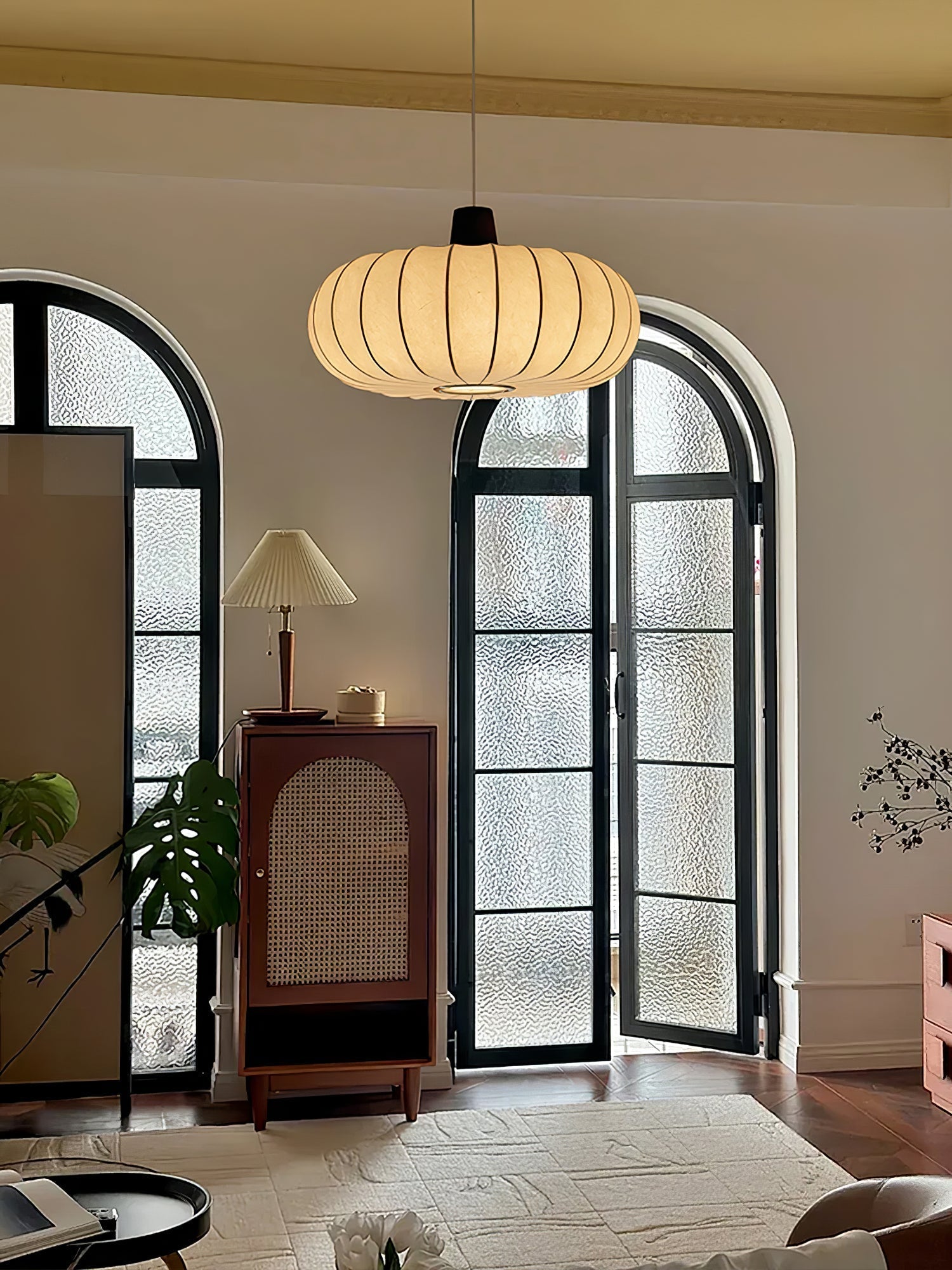 Elegant Silk Lantern Pendant Light with Walnut Wood Accents and White Fabric Shade