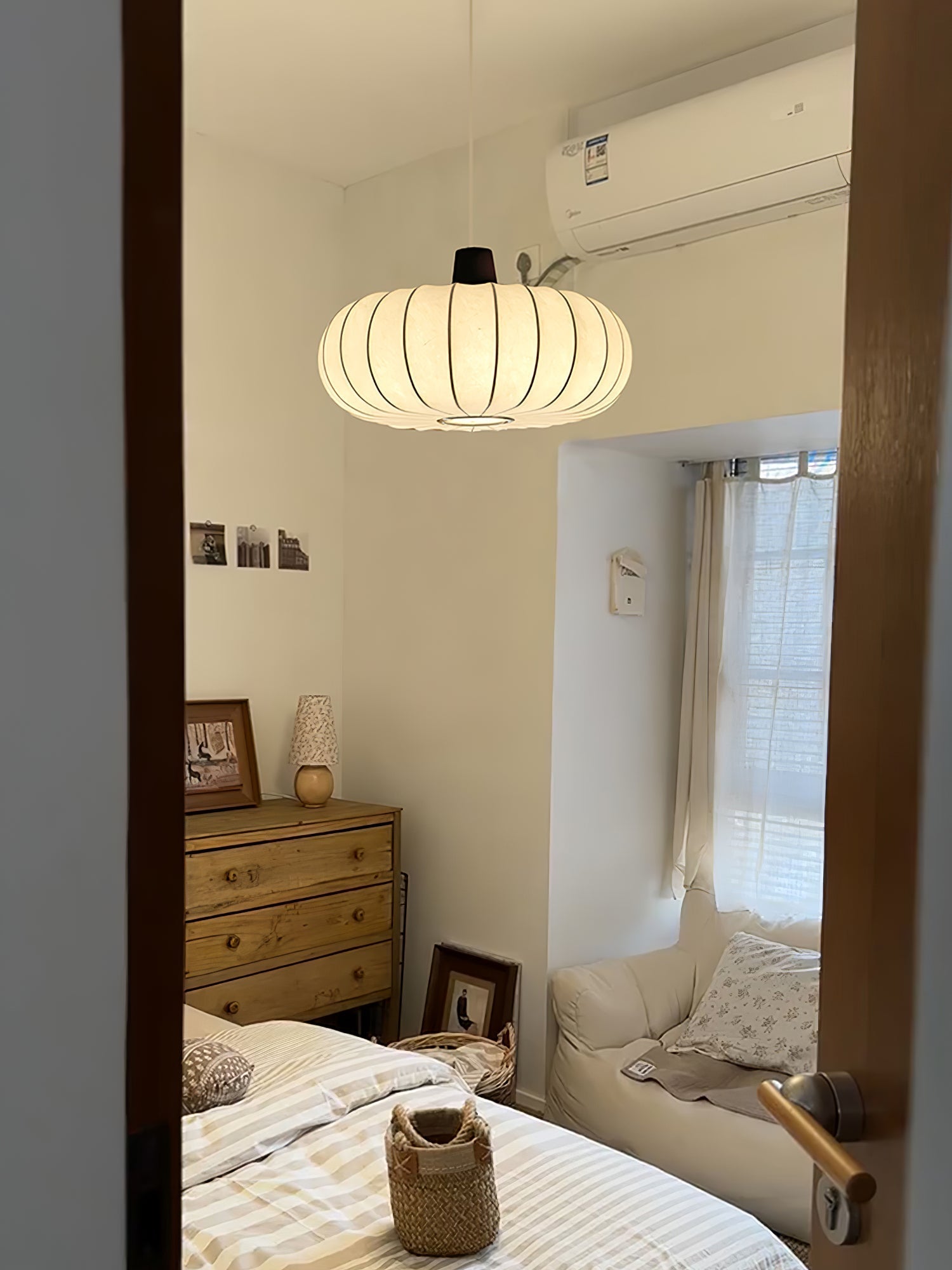Elegant Silk Lantern Pendant Light with Walnut Wood Accents and White Fabric Shade
