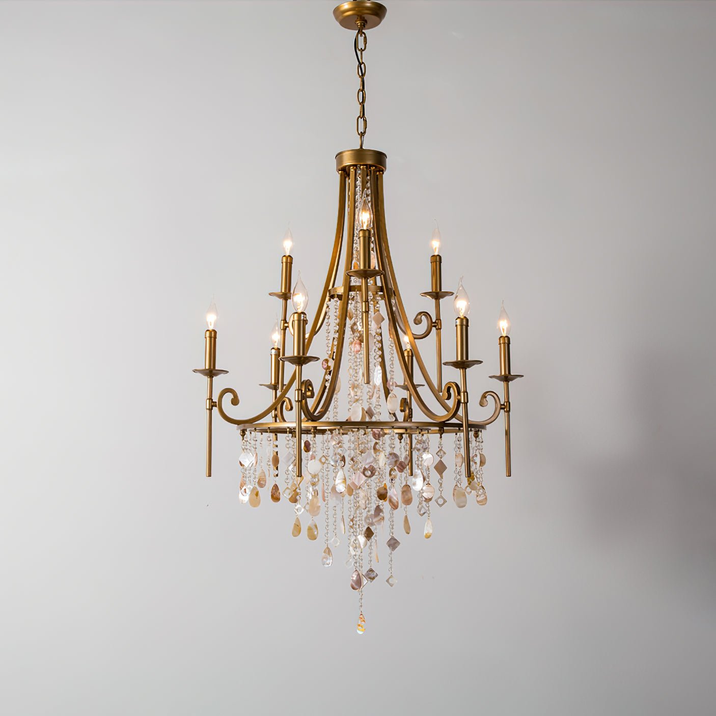 Elegant Tiered Shell Crystal Chandelier Copper Finish Multi Head Ceiling Light