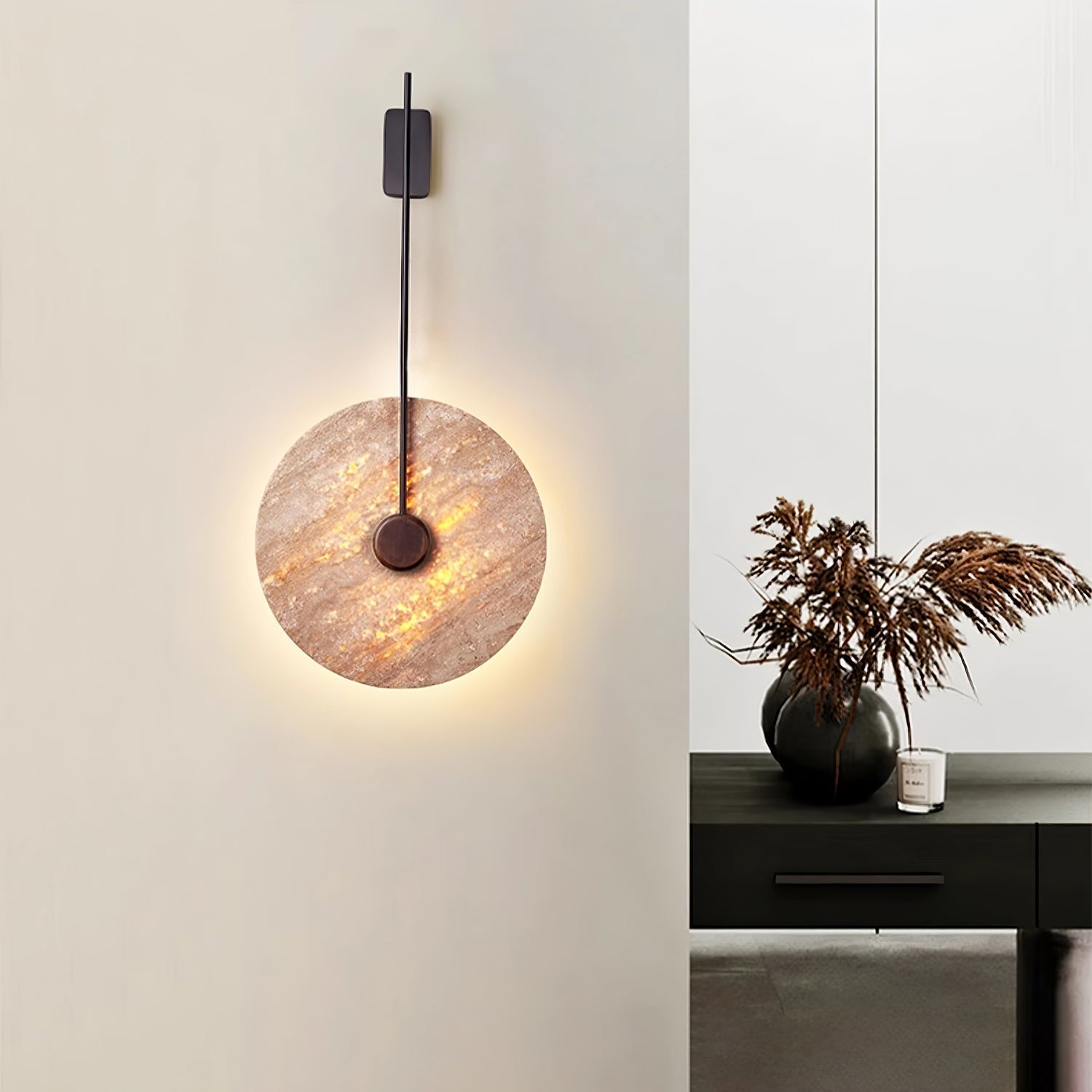 Elegant Travertine Disc LED Wall Light Natural Stone Sconce for Modern Interior