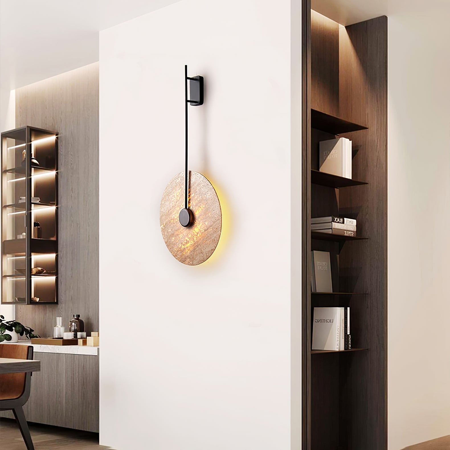 Elegant Travertine Disc LED Wall Light Natural Stone Sconce for Modern Interior