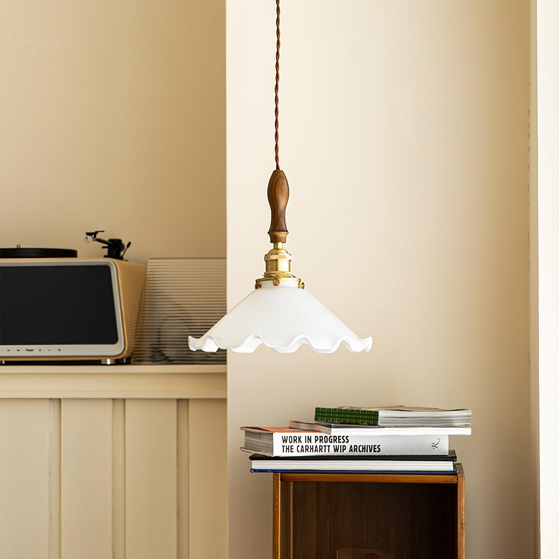 Elegant Walnut and Brass Flower Petal Pendant Light with White Glass Shade for Modern Living Spaces