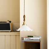 Elegant Walnut and Brass Flower Petal Pendant Light with White Glass Shade for Modern Living Spaces