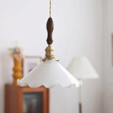Elegant Walnut and Brass Flower Petal Pendant Light with White Glass Shade for Modern Living Spaces