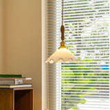 Elegant Walnut and Brass Flower Petal Pendant Light with White Glass Shade for Modern Living Spaces