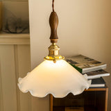 Elegant Walnut and Brass Flower Petal Pendant Light with White Glass Shade for Modern Living Spaces