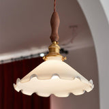 Elegant Walnut and Brass Flower Petal Pendant Light with White Glass Shade for Modern Living Spaces