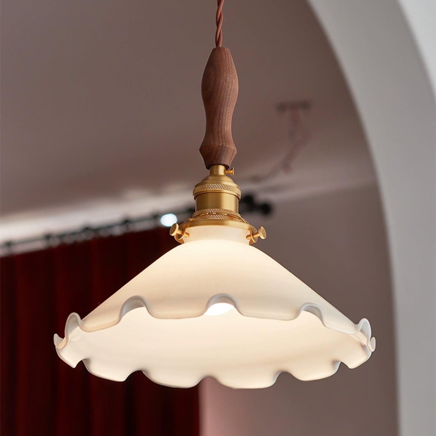 Elegant Walnut and Brass Flower Petal Pendant Light with White Glass Shade for Modern Living Spaces