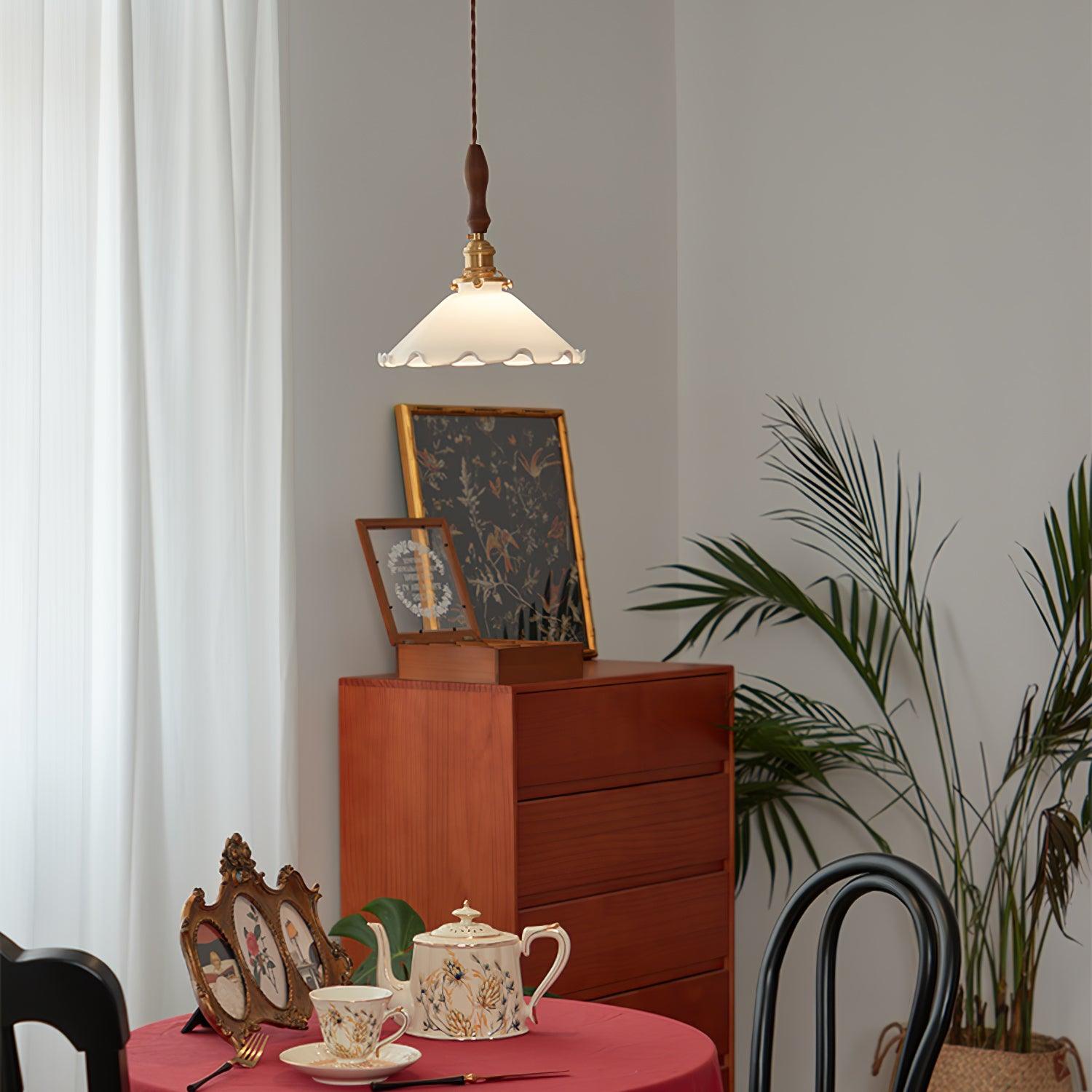 Elegant Walnut and Brass Flower Petal Pendant Light with White Glass Shade for Modern Living Spaces