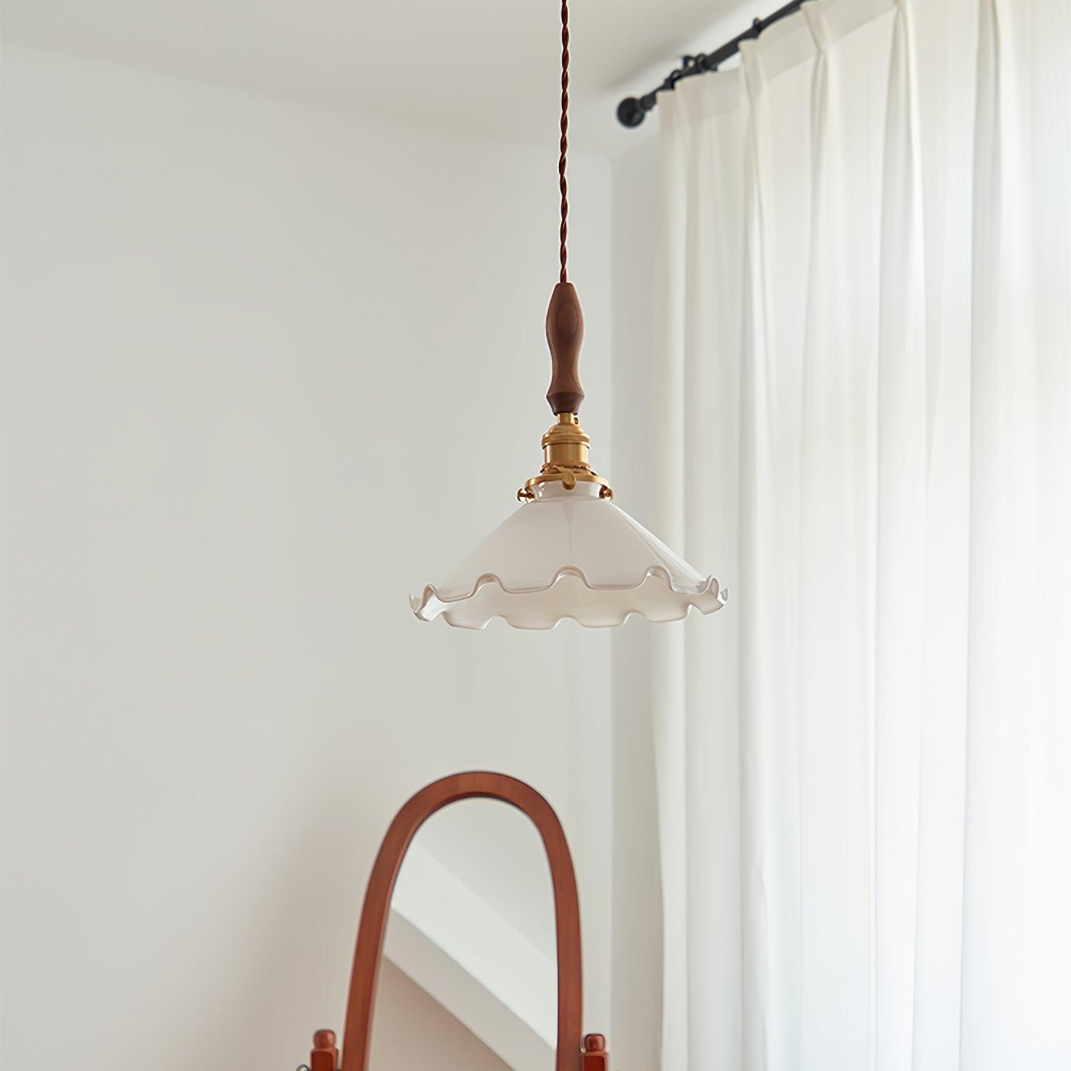 Elegant Walnut and Brass Flower Petal Pendant Light with White Glass Shade for Modern Living Spaces