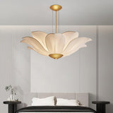 Elegant White Fabric Petal Crown Chandelier Gold Finish Modern Floral Pendant Light