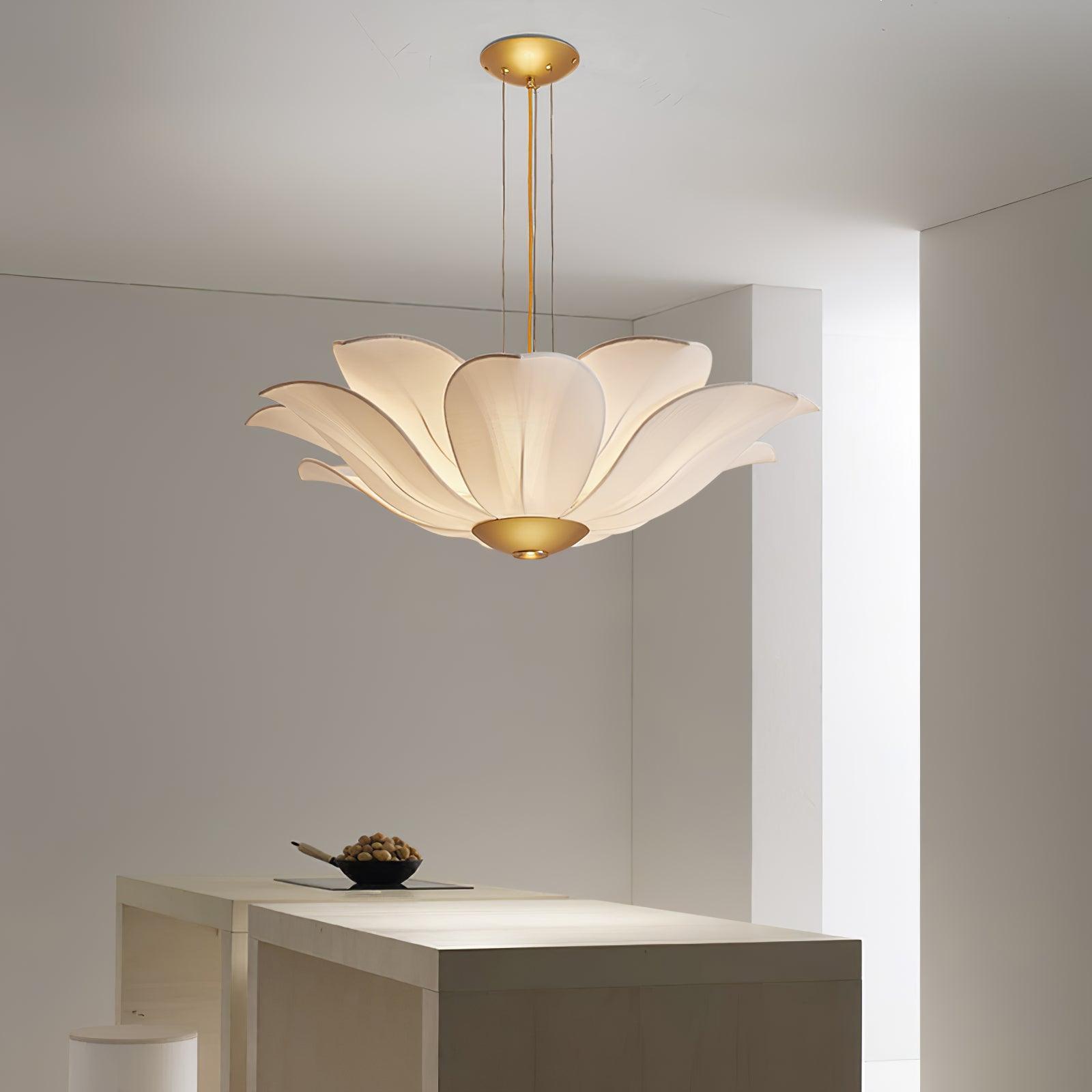 Elegant White Fabric Petal Crown Chandelier Gold Finish Modern Floral Pendant Light