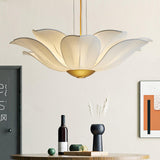 Elegant White Fabric Petal Crown Chandelier Gold Finish Modern Floral Pendant Light