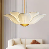 Elegant White Fabric Petal Crown Chandelier Gold Finish Modern Floral Pendant Light