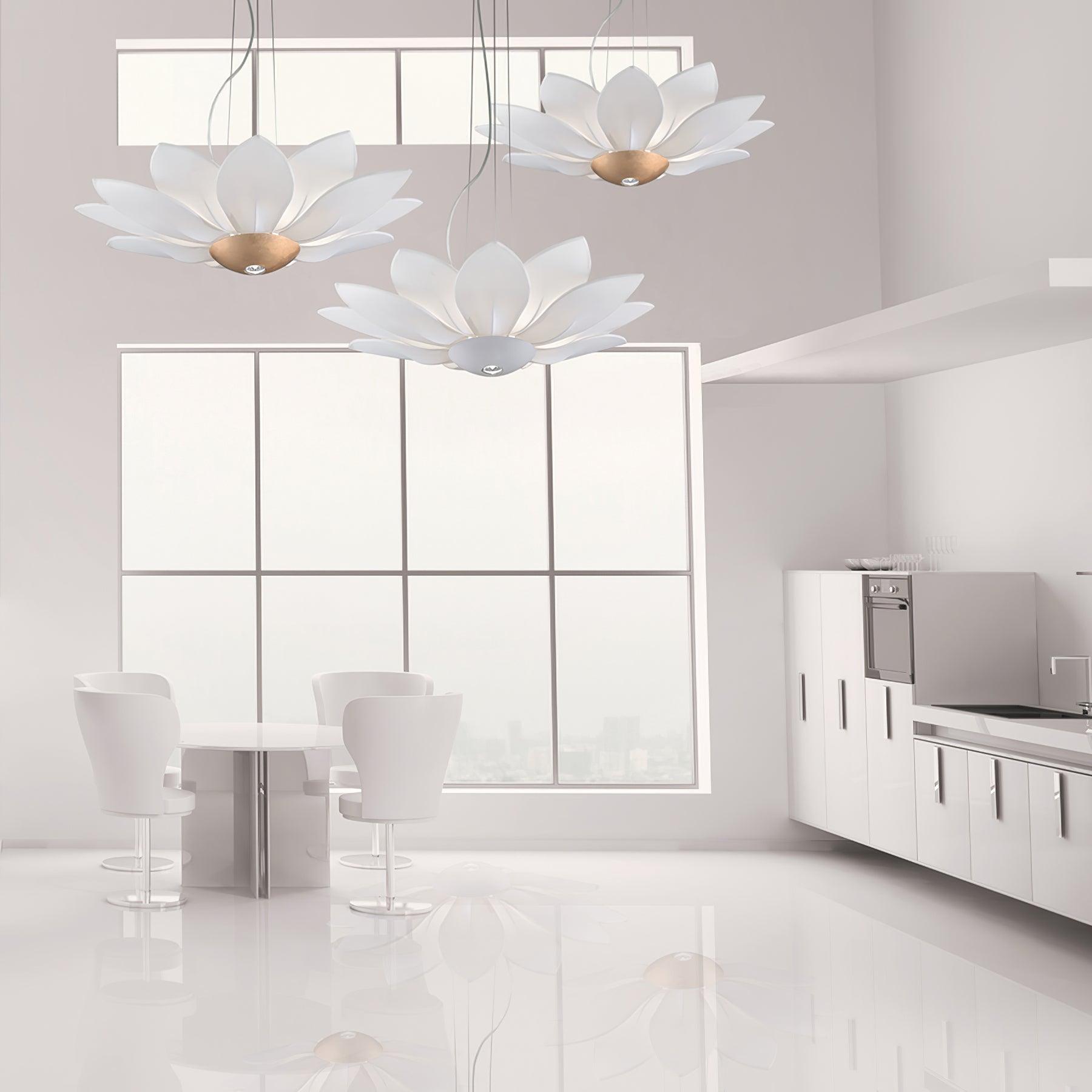 Elegant White Fabric Petal Crown Chandelier Gold Finish Modern Floral Pendant Light