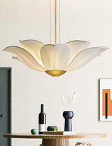 Elegant White Fabric Petal Crown Chandelier Gold Finish Modern Floral Pendant Light