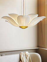 Elegant White Fabric Petal Crown Chandelier Gold Finish Modern Floral Pendant Light