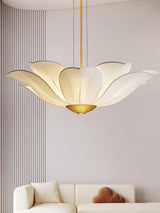 Elegant White Fabric Petal Crown Chandelier Gold Finish Modern Floral Pendant Light