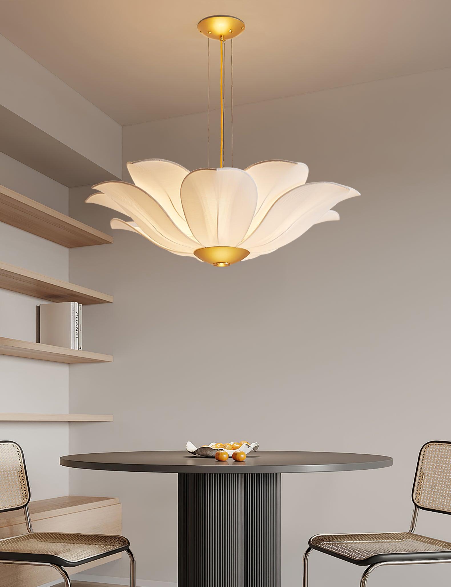 Elegant White Fabric Petal Crown Chandelier Gold Finish Modern Floral Pendant Light