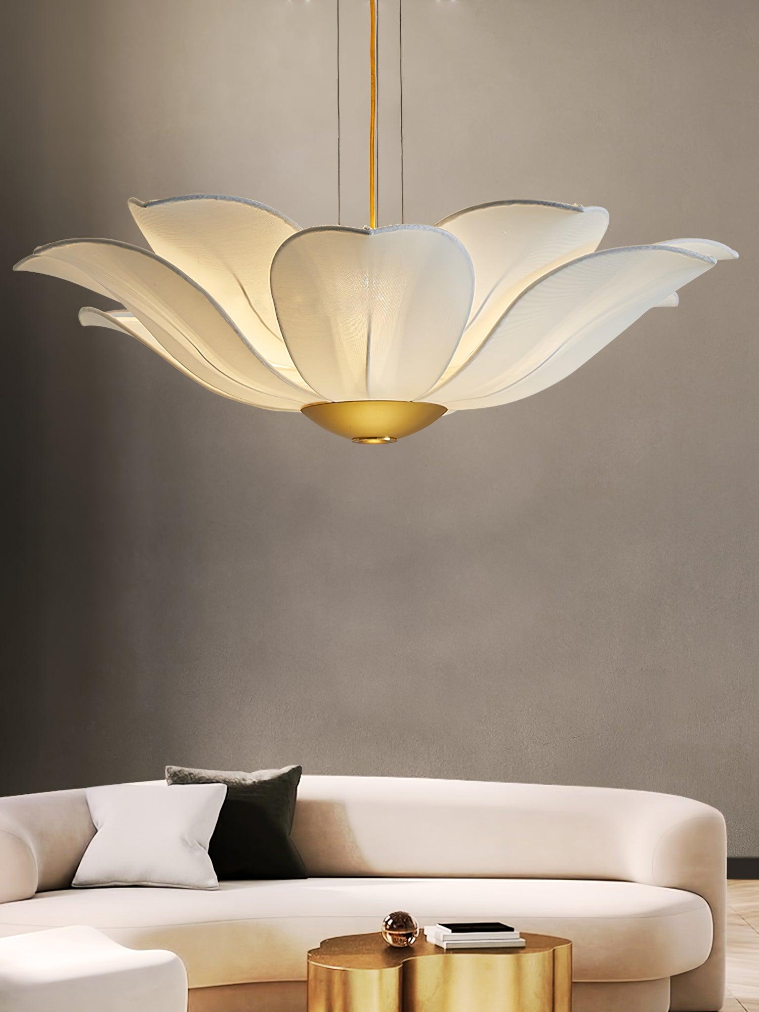 Elegant White Fabric Petal Crown Chandelier Gold Finish Modern Floral Pendant Light