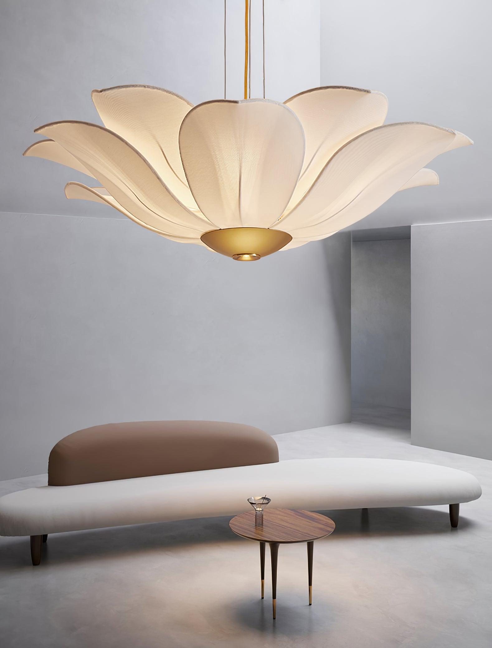 Elegant White Fabric Petal Crown Chandelier Gold Finish Modern Floral Pendant Light