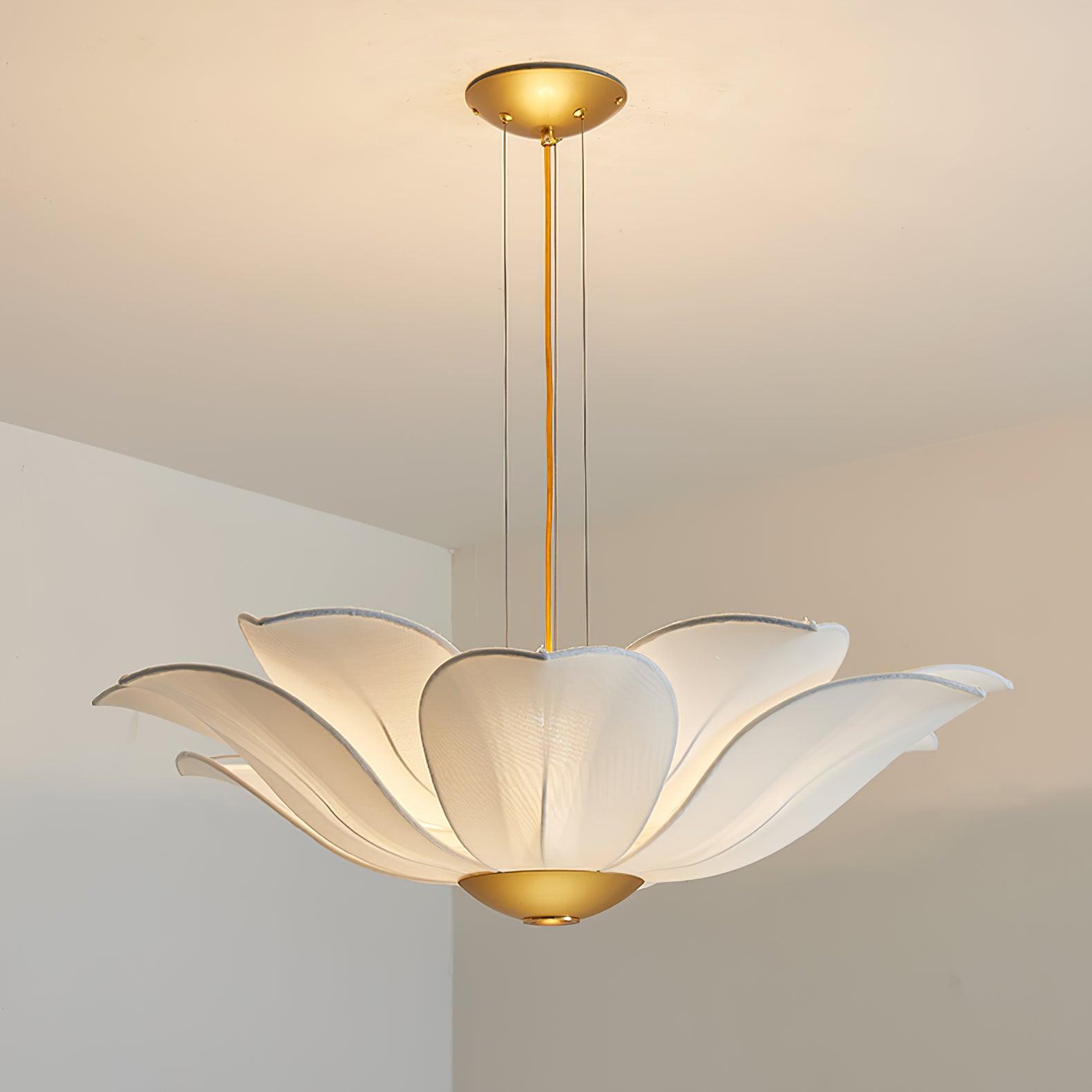 Elegant White Fabric Petal Crown Chandelier Gold Finish Modern Floral Pendant Light