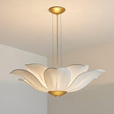 Elegant White Fabric Petal Crown Chandelier Gold Finish Modern Floral Pendant Light