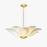 Elegant White Fabric Petal Crown Chandelier Gold Finish Modern Floral Pendant Light