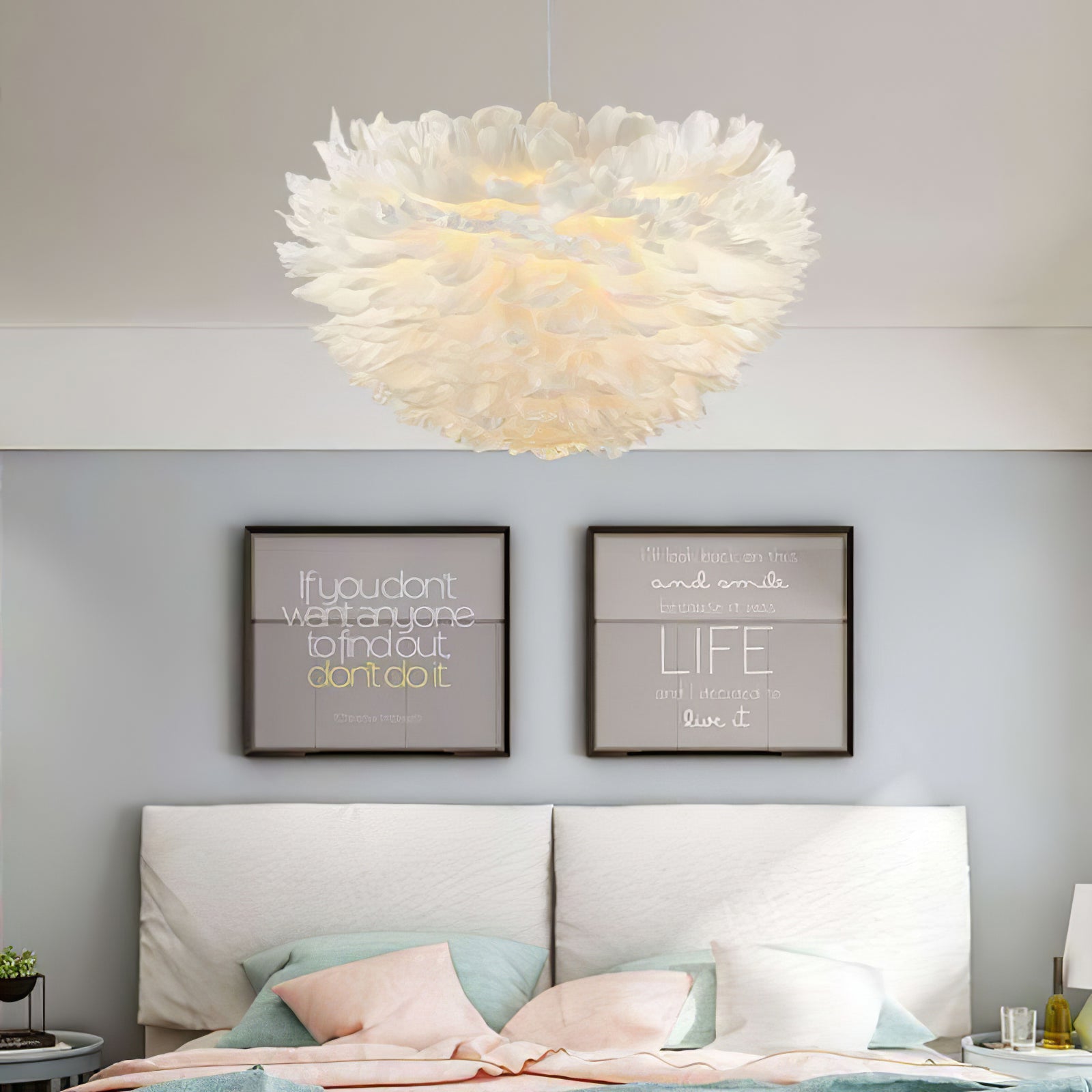 Elegant White Goose Feather Pendant Light Modern Nordic Hanging Lamp for Bedroom and Living Room