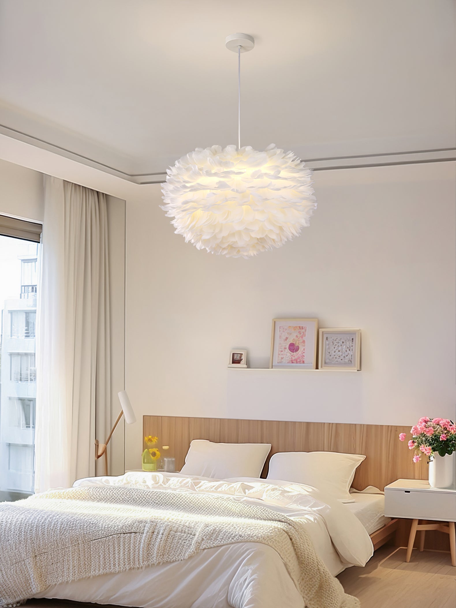 Elegant White Goose Feather Pendant Light Modern Nordic Hanging Lamp for Bedroom and Living Room