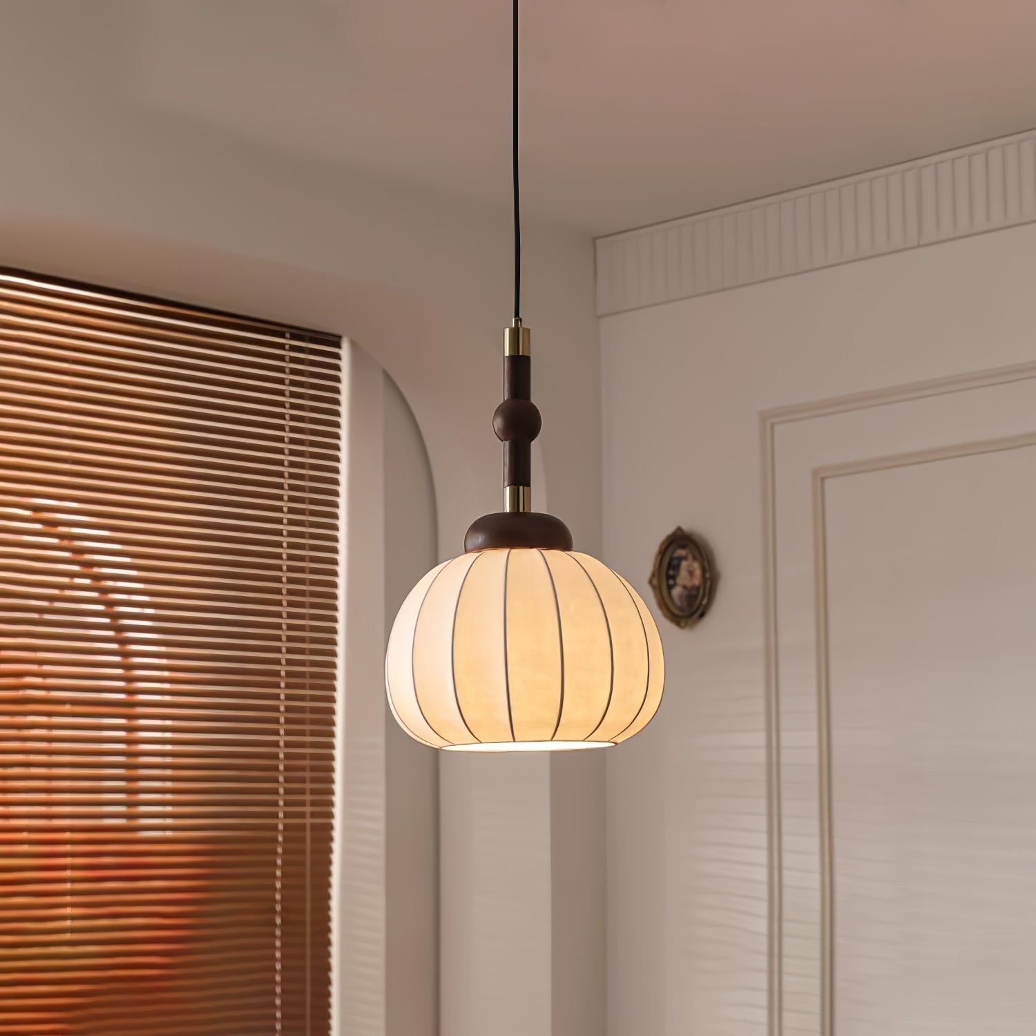 Elegant White Silk Globe Pendant Lighting with Walnut Oak and Metal Accents for Modern Homes