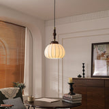 Elegant White Silk Globe Pendant Lighting with Walnut Oak and Metal Accents for Modern Homes