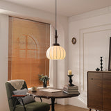 Elegant White Silk Globe Pendant Lighting with Walnut Oak and Metal Accents for Modern Homes