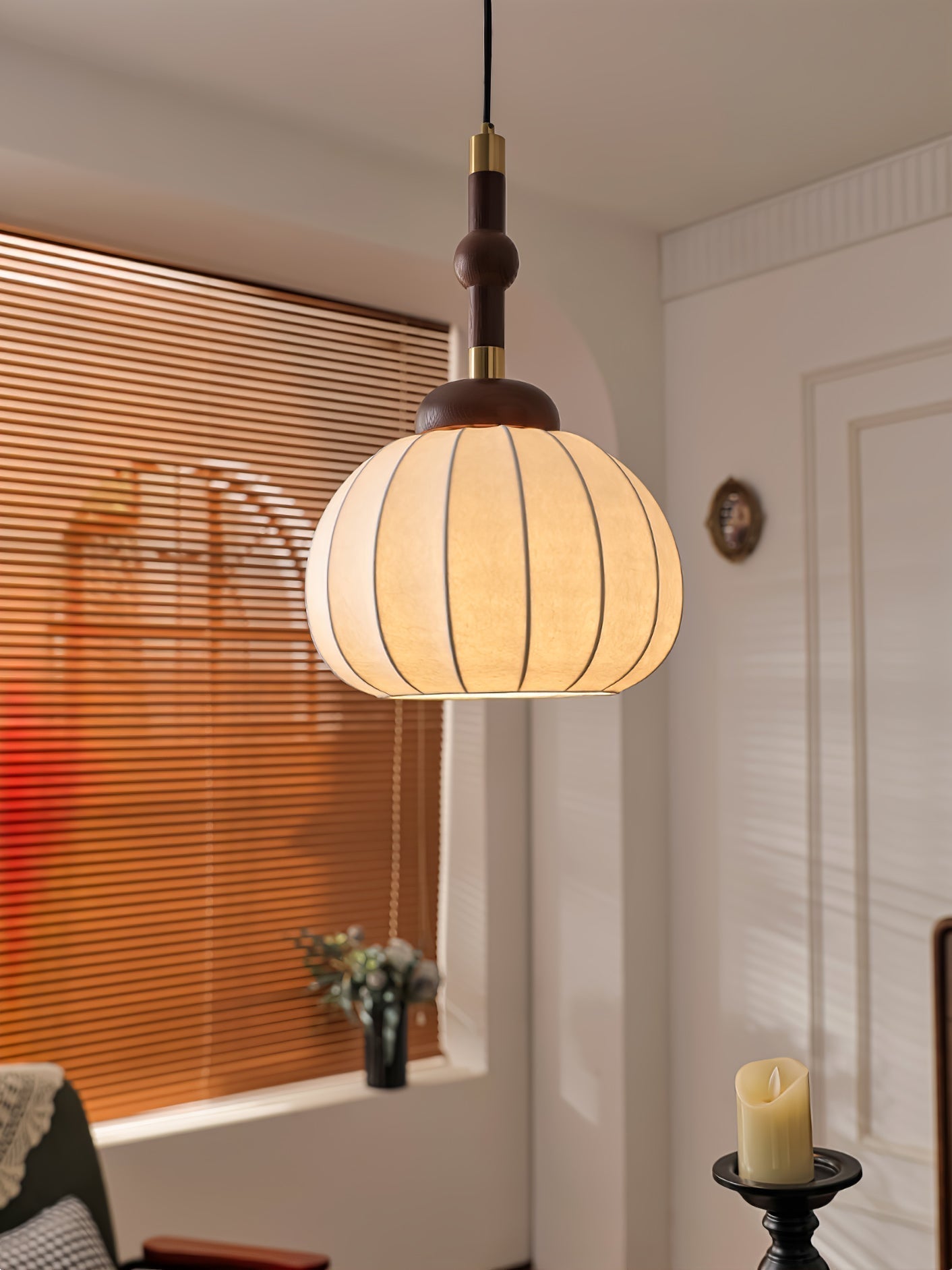 Elegant White Silk Globe Pendant Lighting with Walnut Oak and Metal Accents for Modern Homes