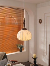 Elegant White Silk Globe Pendant Lighting with Walnut Oak and Metal Accents for Modern Homes
