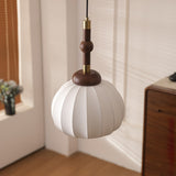 Elegant White Silk Globe Pendant Lighting with Walnut Oak and Metal Accents for Modern Homes