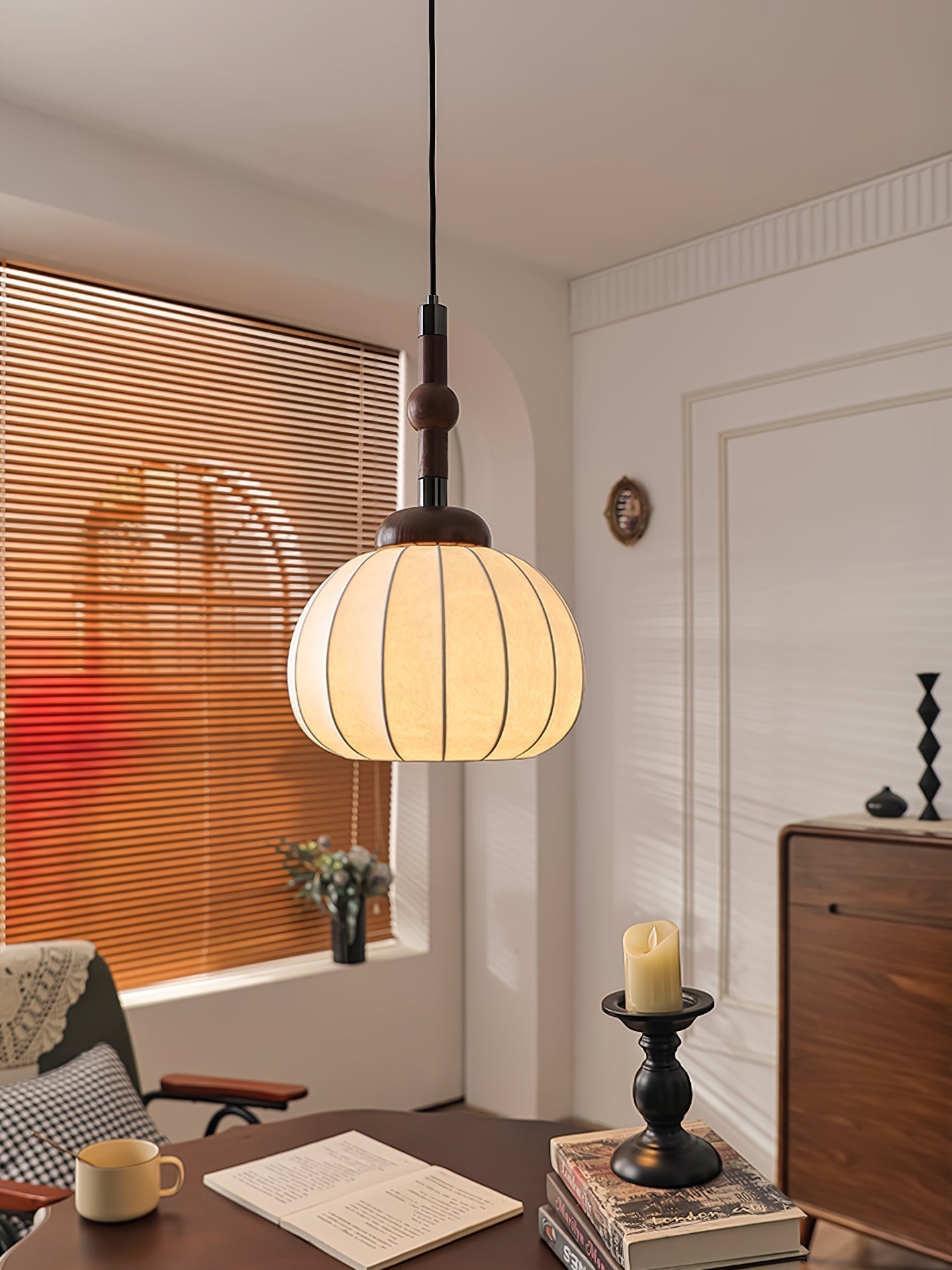 Elegant White Silk Globe Pendant Lighting with Walnut Oak and Metal Accents for Modern Homes