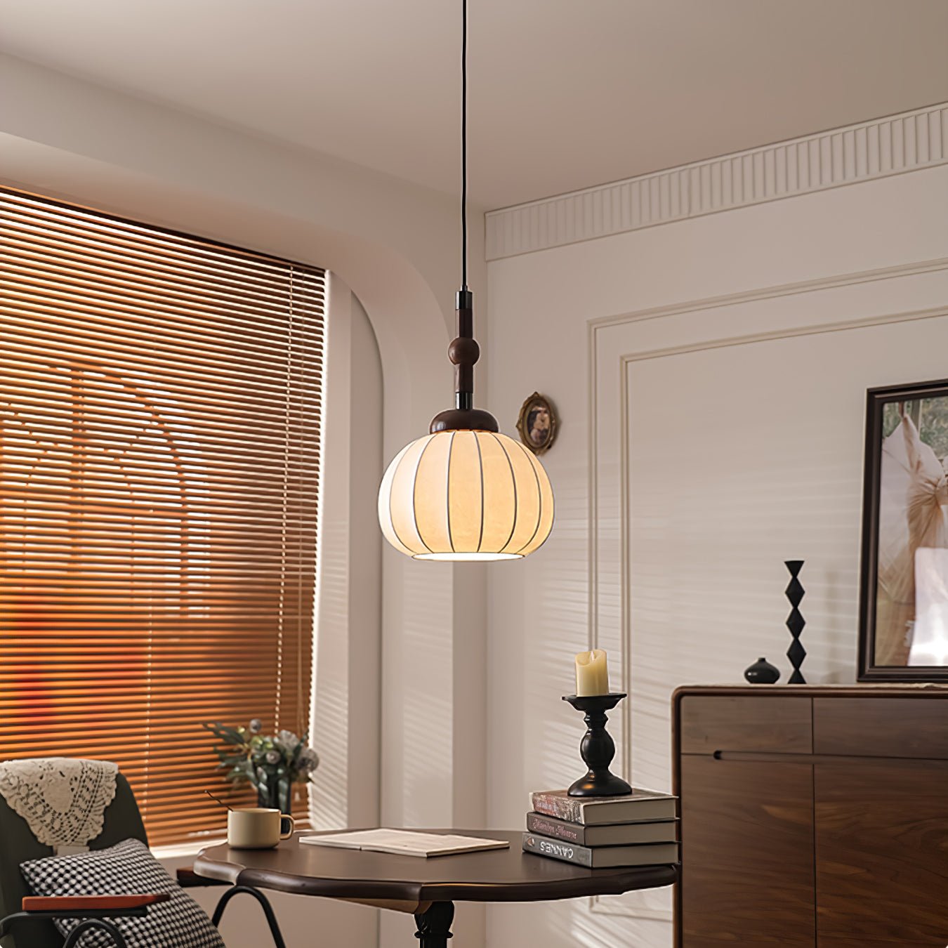 Elegant White Silk Globe Pendant Lighting with Walnut Oak and Metal Accents for Modern Homes