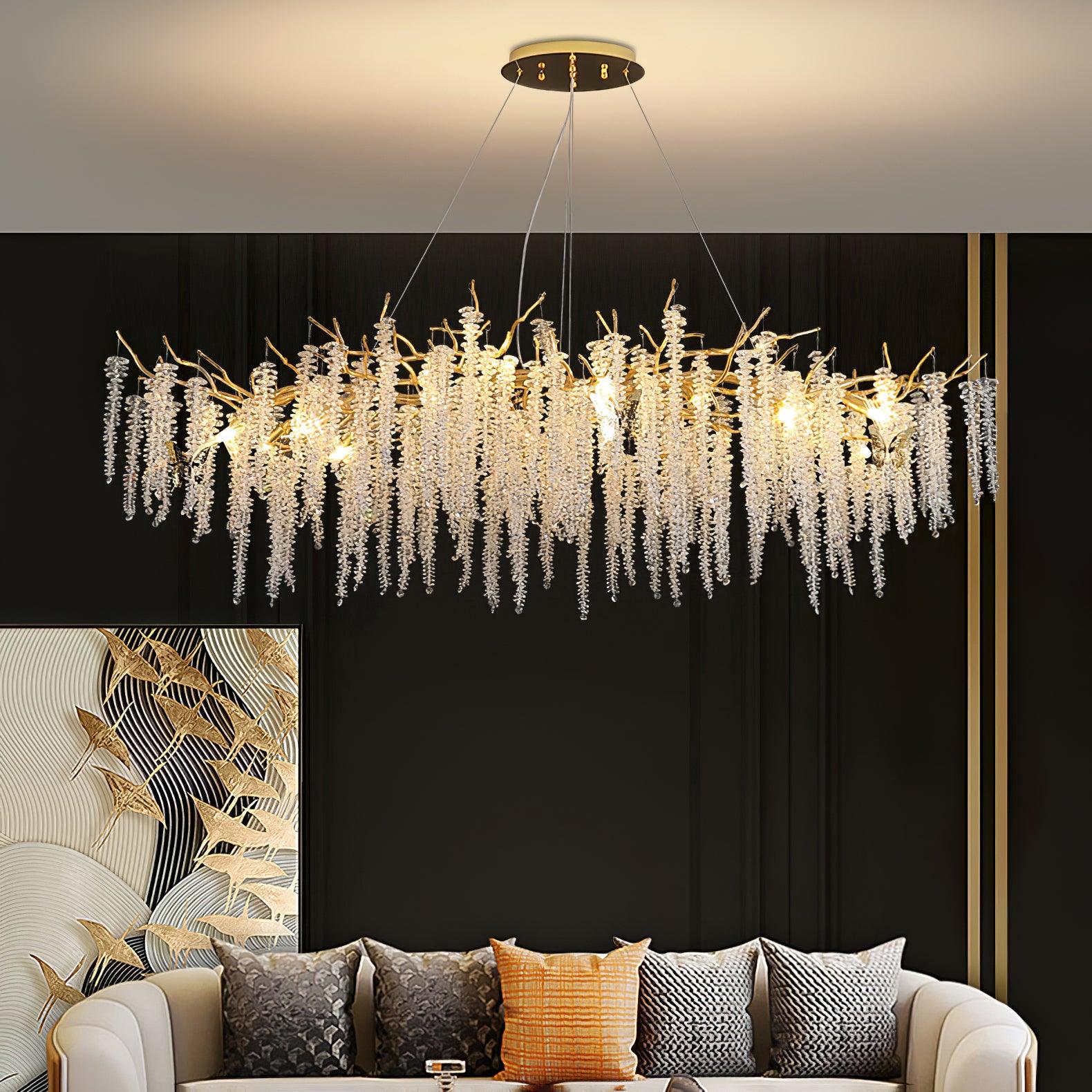 Elegant Wisteria Crystal Flower Branch Chandelier Gold G9 LED Ceiling Light Fixture