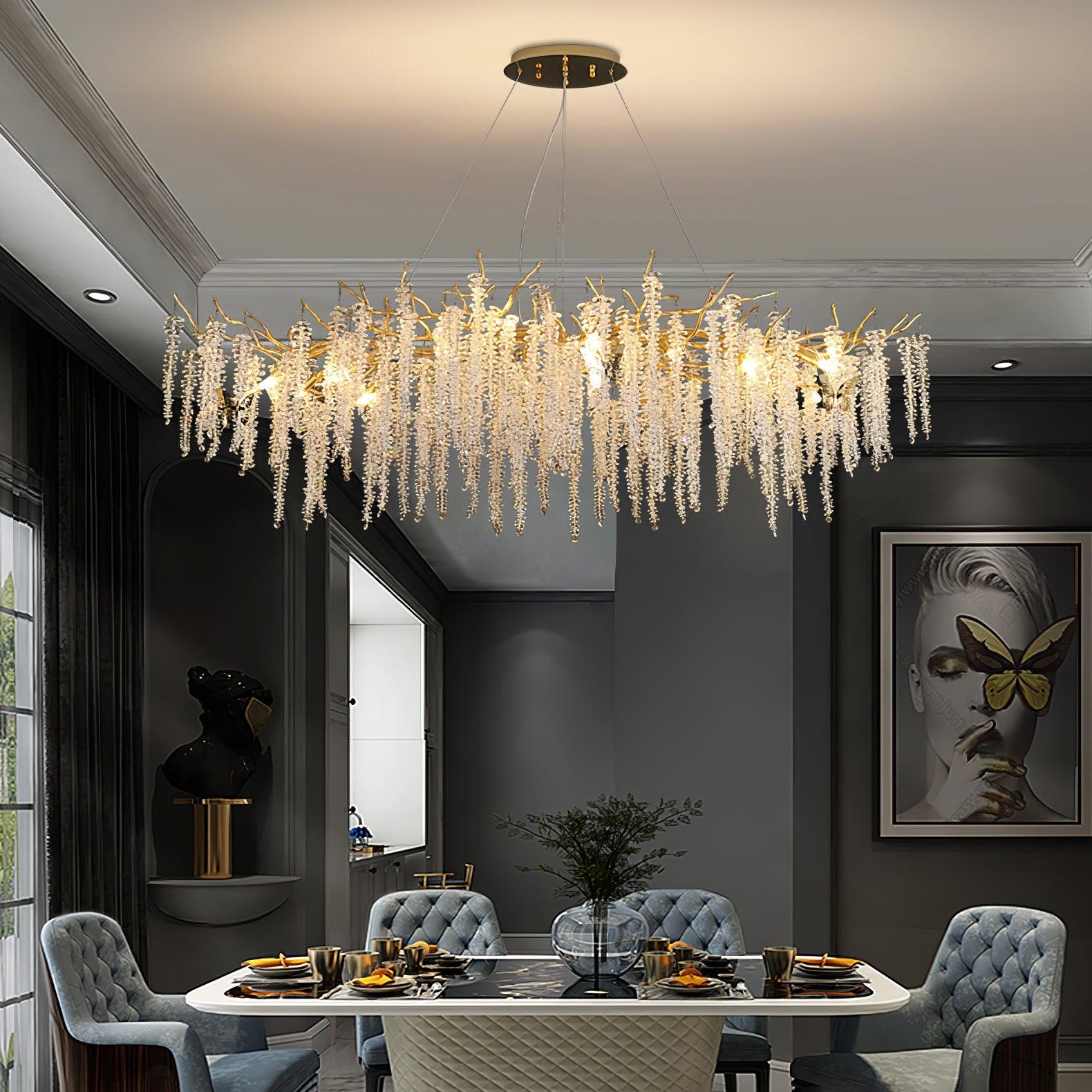 Elegant Wisteria Crystal Flower Branch Chandelier Gold G9 LED Ceiling Light Fixture