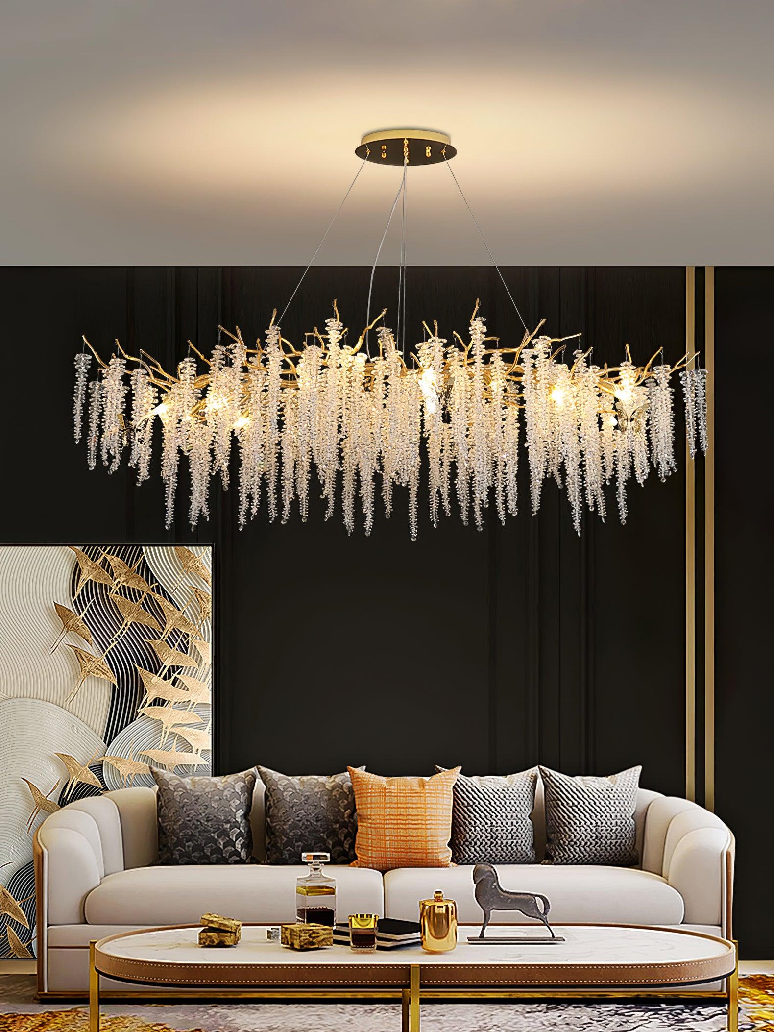 Elegant Wisteria Crystal Flower Branch Chandelier Gold G9 LED Ceiling Light Fixture