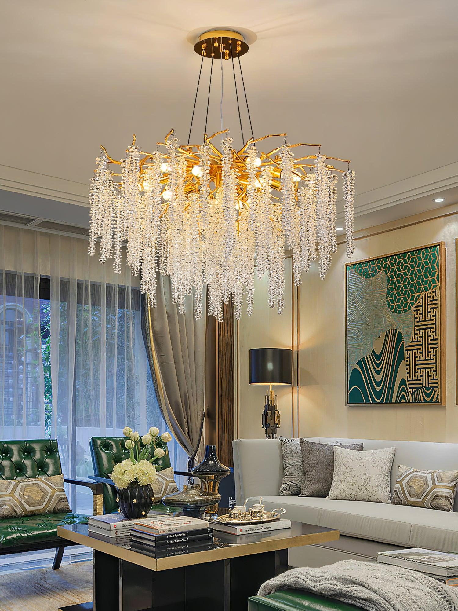 Elegant Wisteria Crystal Flower Branch Chandelier Gold G9 LED Ceiling Light Fixture